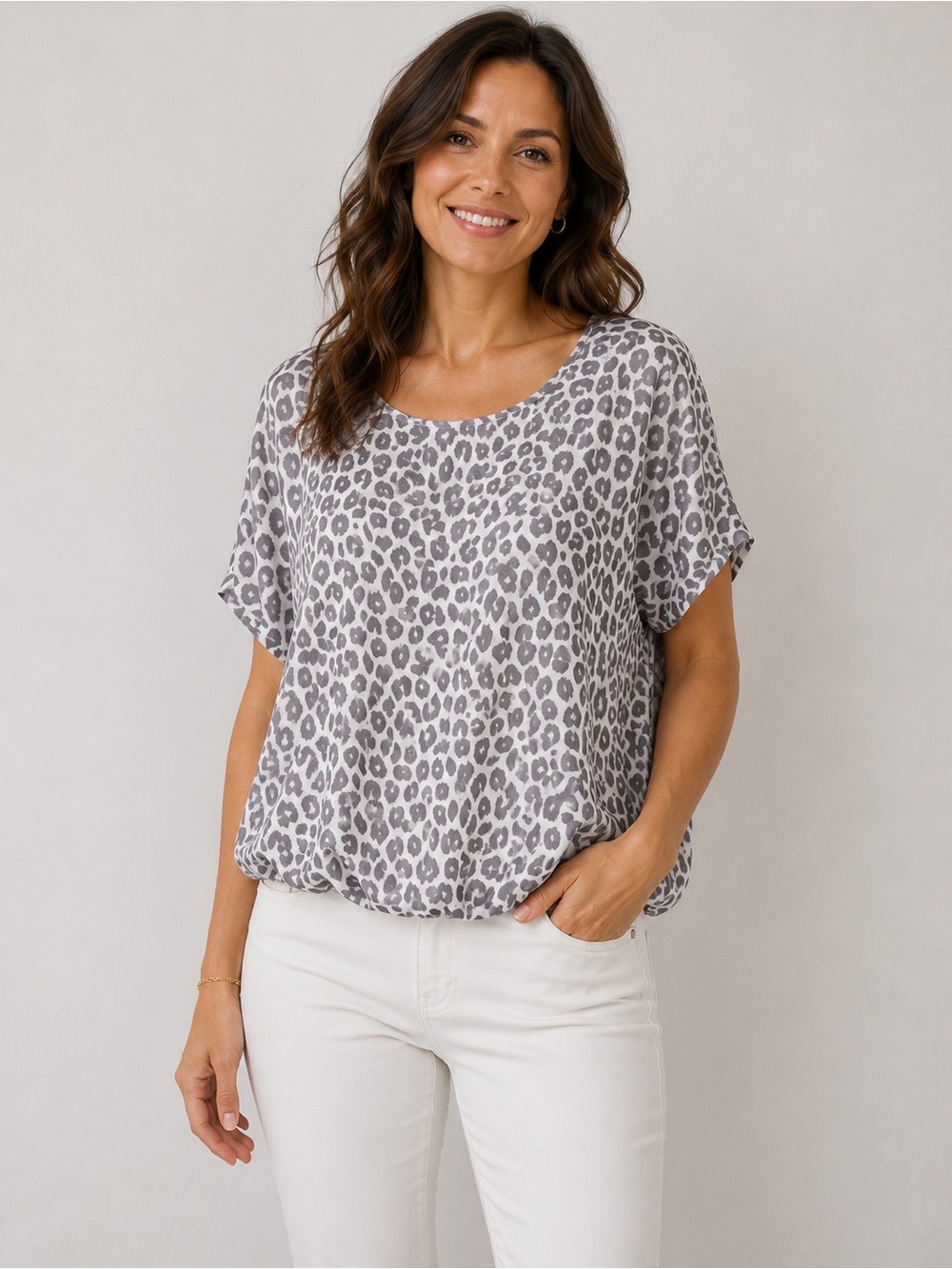 NWT Elena Baldi Italy 100% silk Animal print Long Sleeve Blouse Womens Sz S